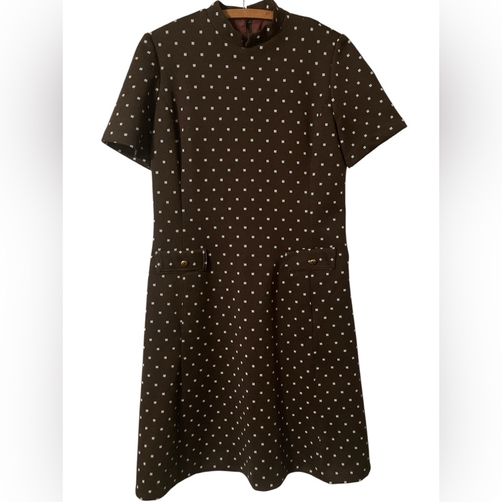 Vintage Polyester Dress Size M Stephan Casuals Polka Squares Retro A Line Brown